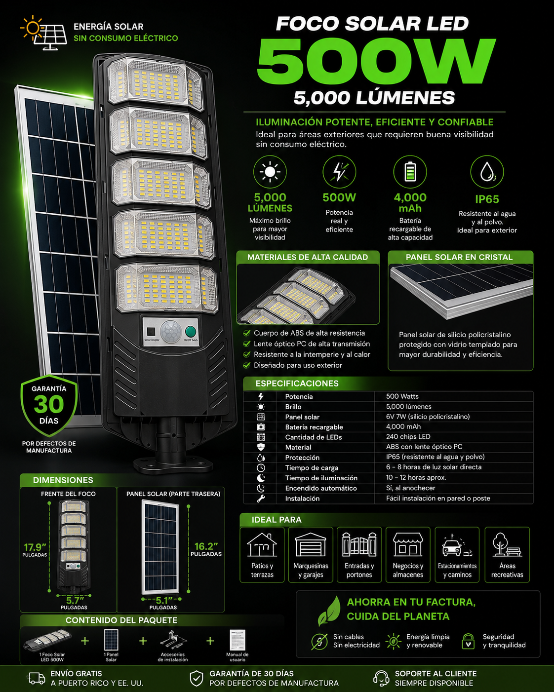 (Pre- Orden) Foco Solar 500W -5,000 Lumenes (240LED)